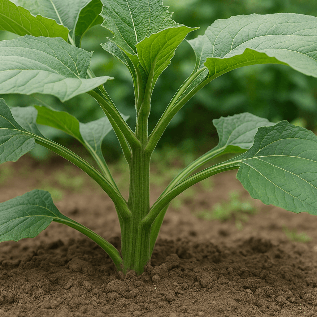 Feuillage vert d’un pied de yacon au-dessus du sol du potager