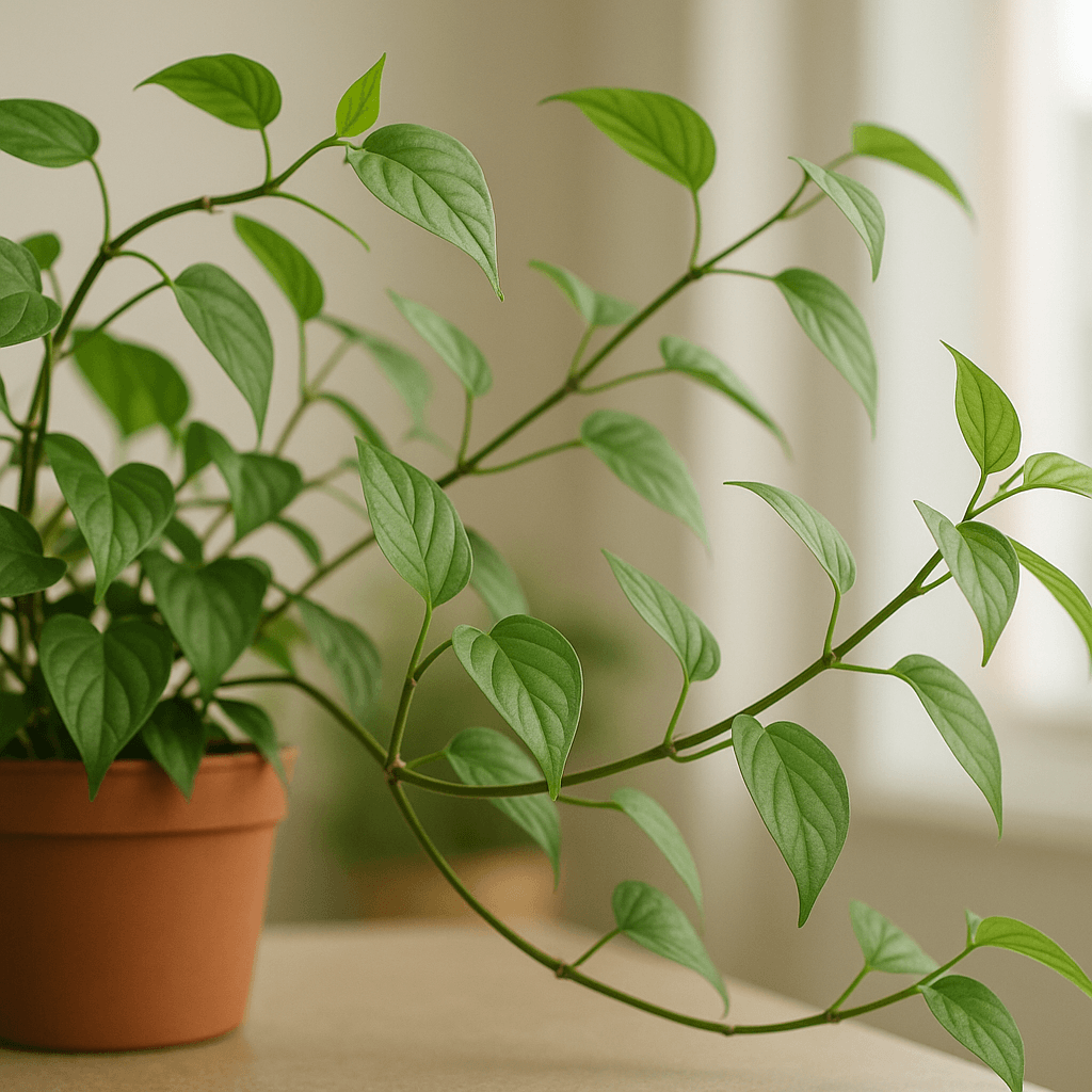 Tiges et feuilles d’une plante grimpante d’intérieur sortant d’un pot