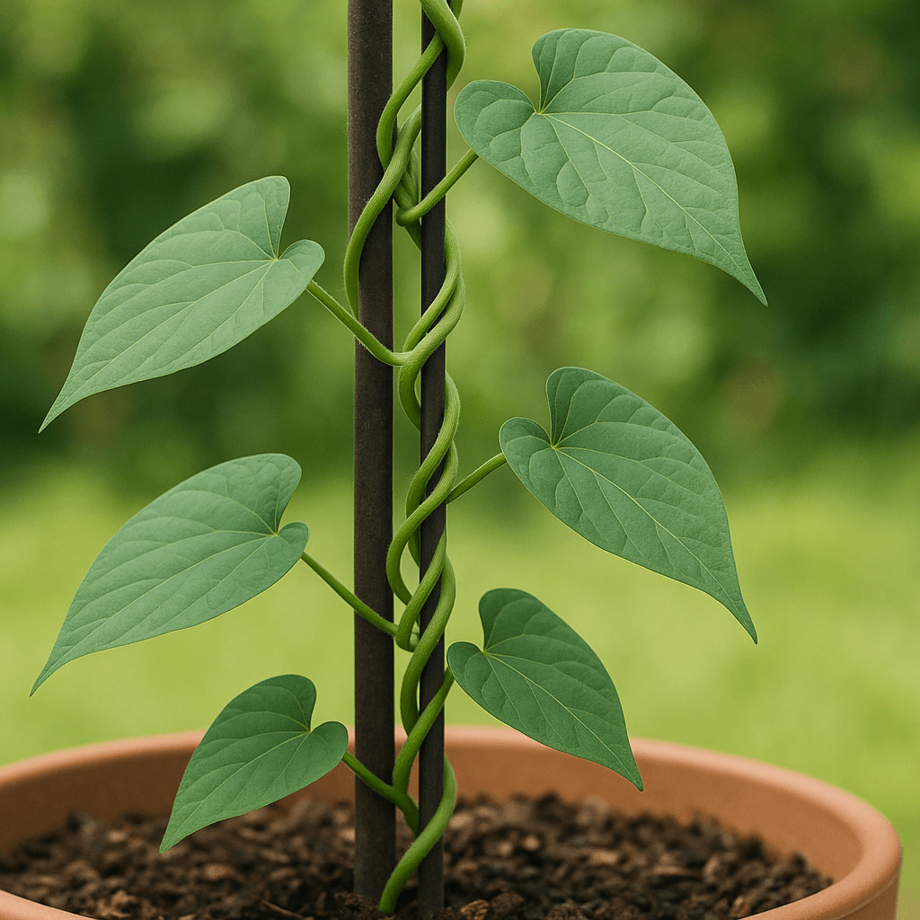 Tiges volubiles et feuillage d’une ipomée cultivée en pot