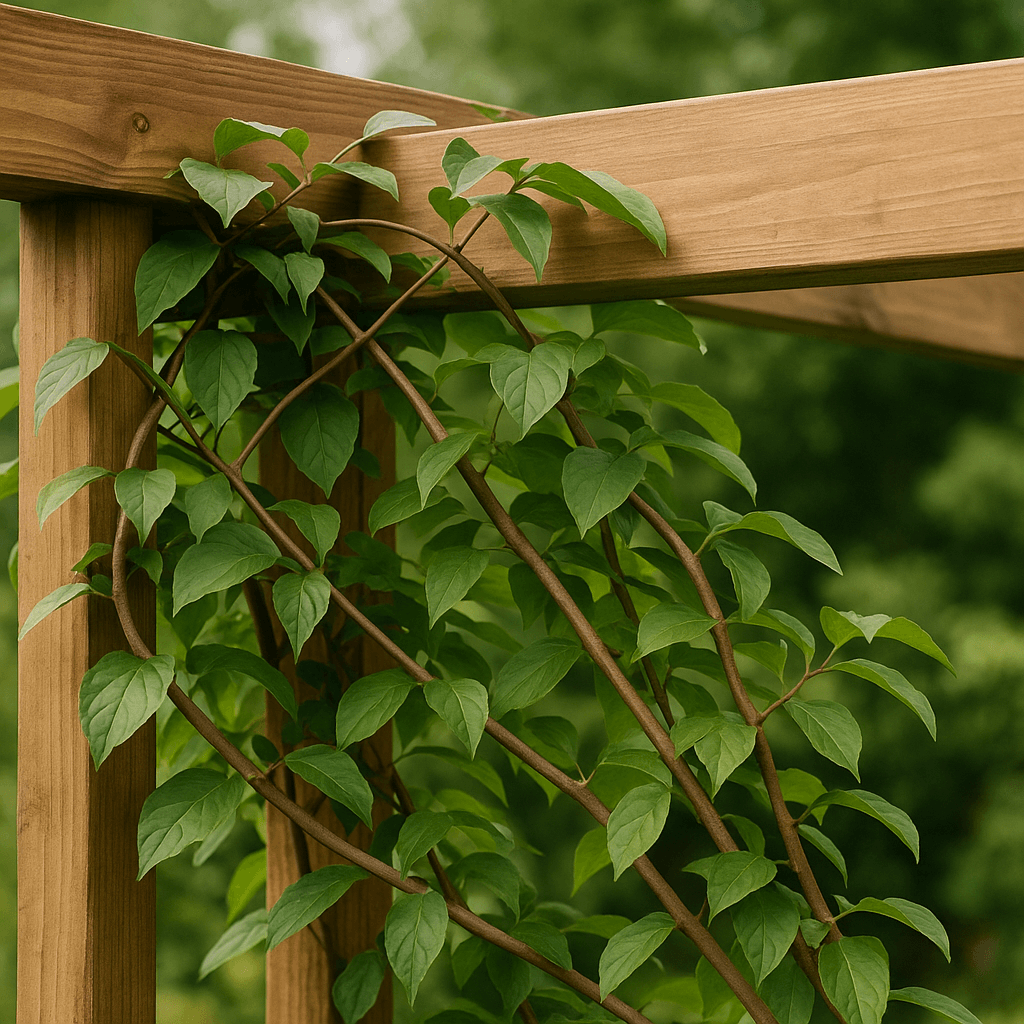 Tiges et feuillage d’une plante grimpante appuyés contre les traverses d’une pergola
