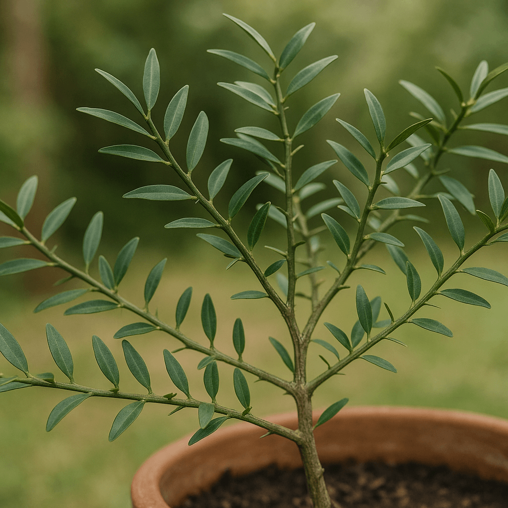 Feuillage allongé et ramifications d’un Microcitrus australasica finger lime en pot