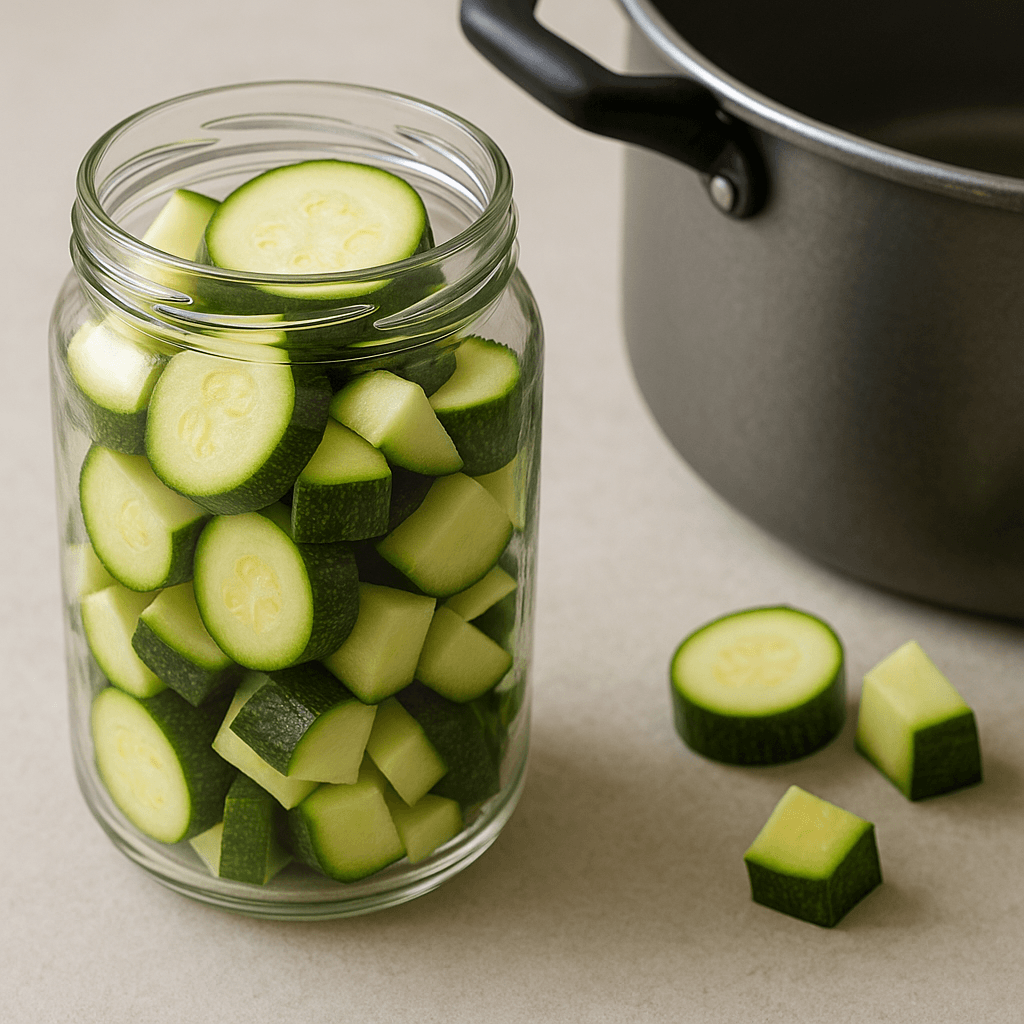 Rondelles de courgette crue disposées dans un bocal en verre avant stérilisation