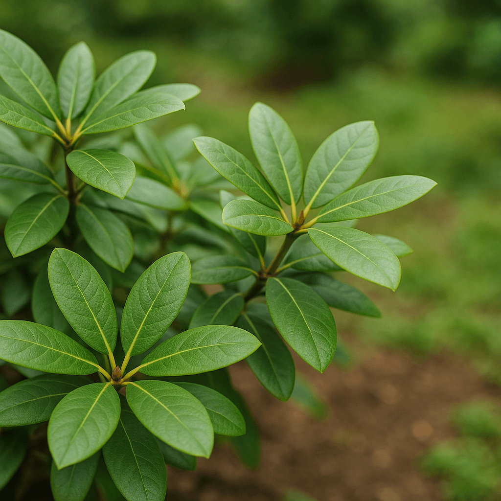 Feuilles de rhododendron observées en détail dans leur environnement de jardin