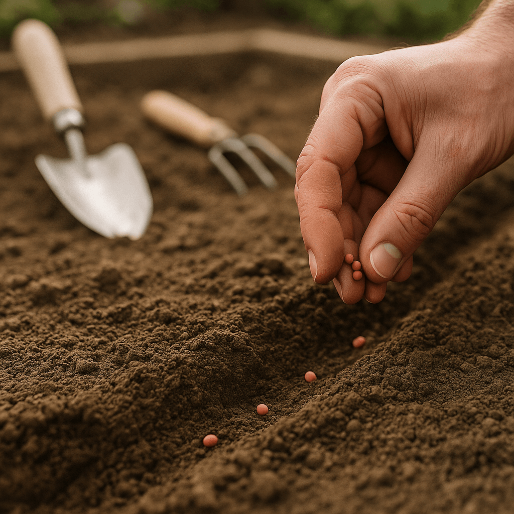 Main déposant des graines de radis dans un sillon de terre fine