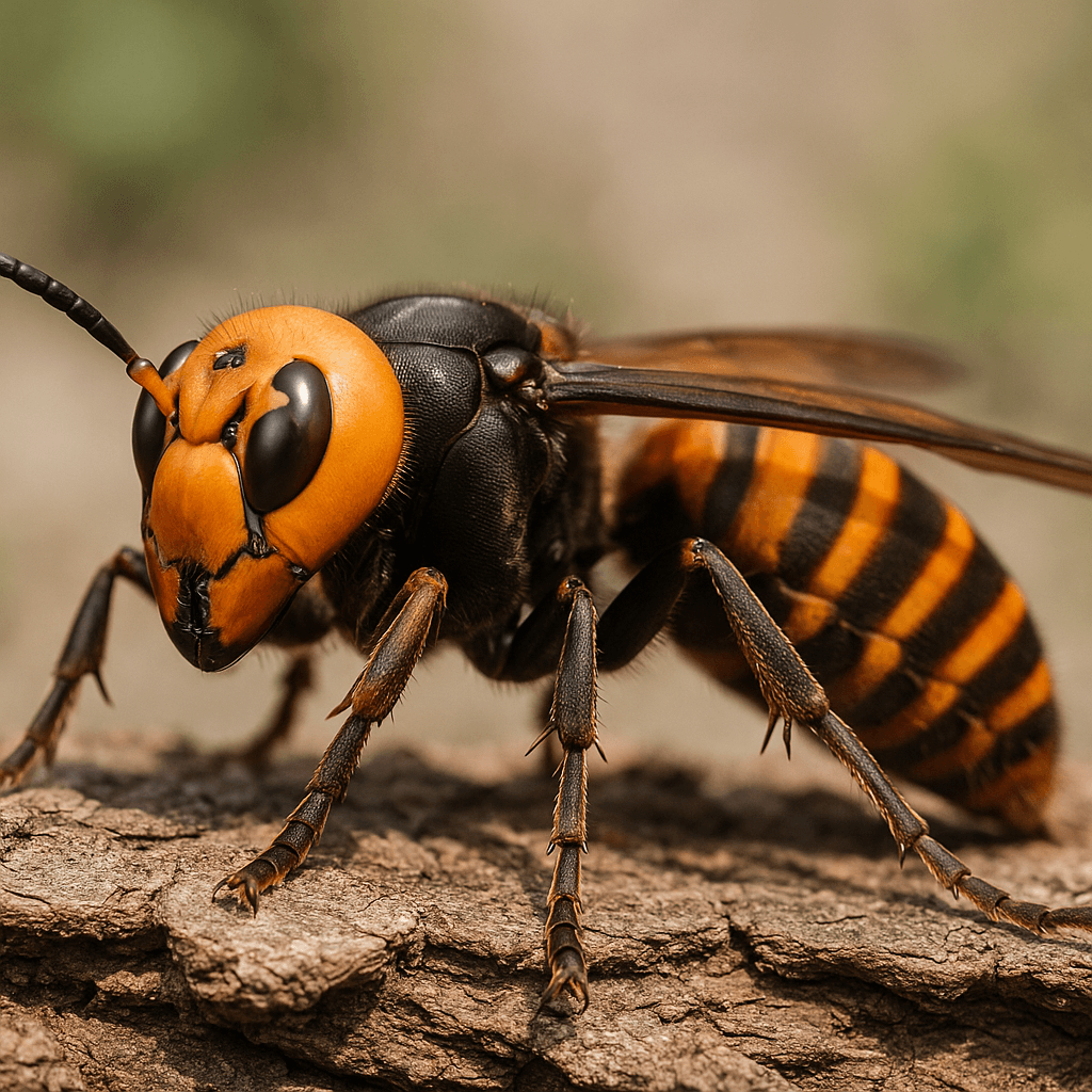 Gros plan d’un Vespa mandarinia sur une écorce avec ses antennes et son abdomen visibles