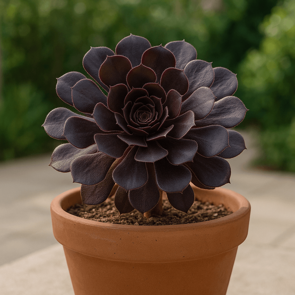 Rosette pourpre d’un aeonium dans un pot en terre cuite