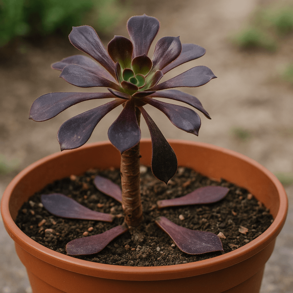 Détail d’un aeonium pourpre clairsemé avec des feuilles détachées sur le substrat