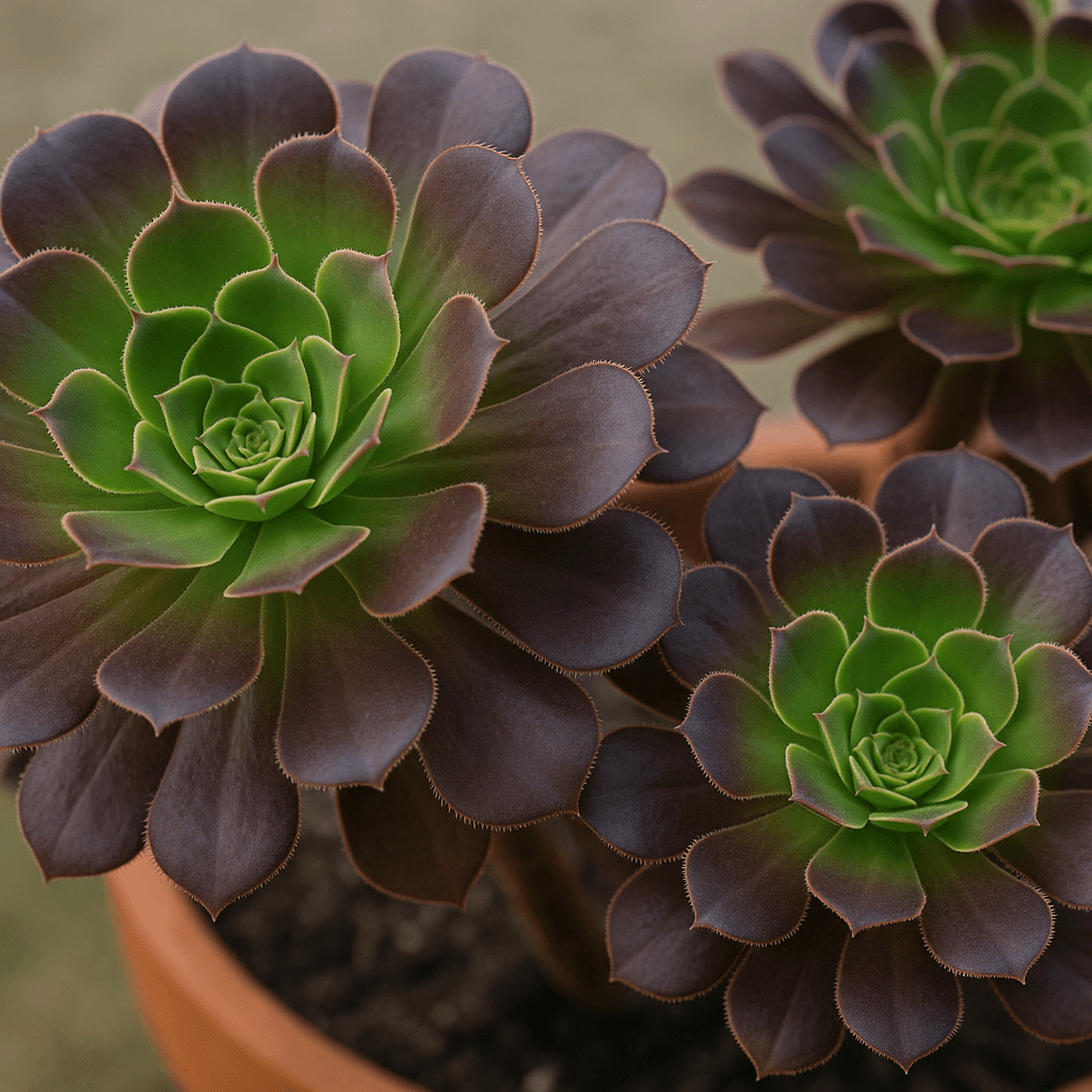 Détail des rosettes d’un aeonium montrant un feuillage vert et pourpre