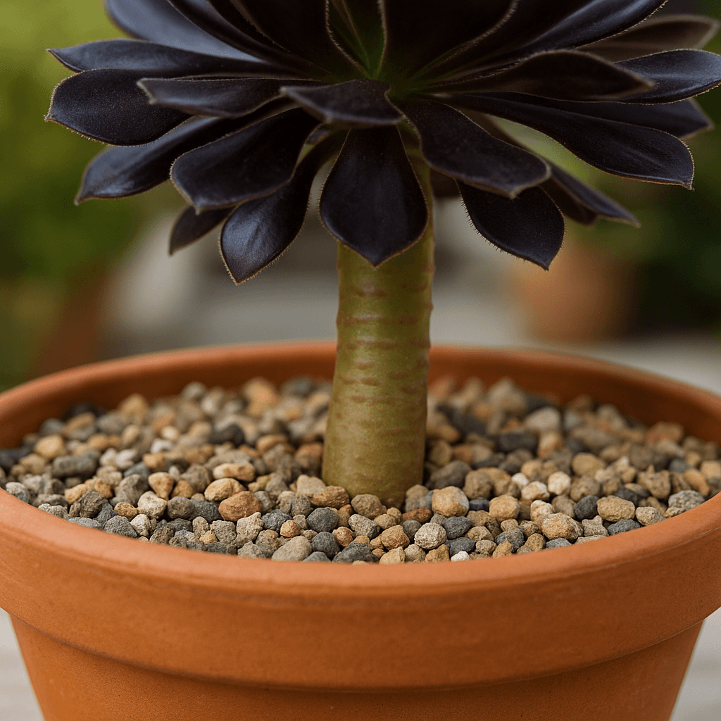 Base d’un Aeonium Zwartkop dans un pot au substrat minéral drainant
