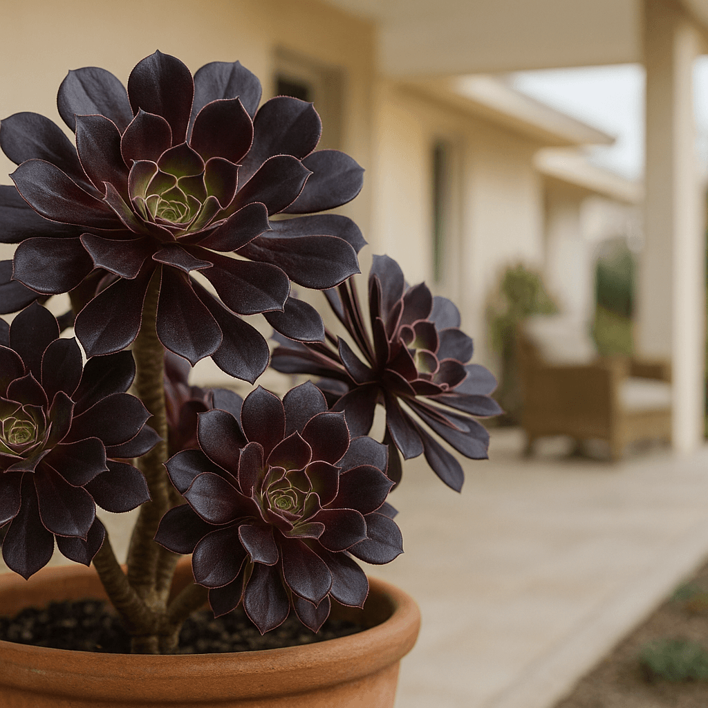 Détail des rosettes pourpres d’un aeonium en pot pendant l’hiver