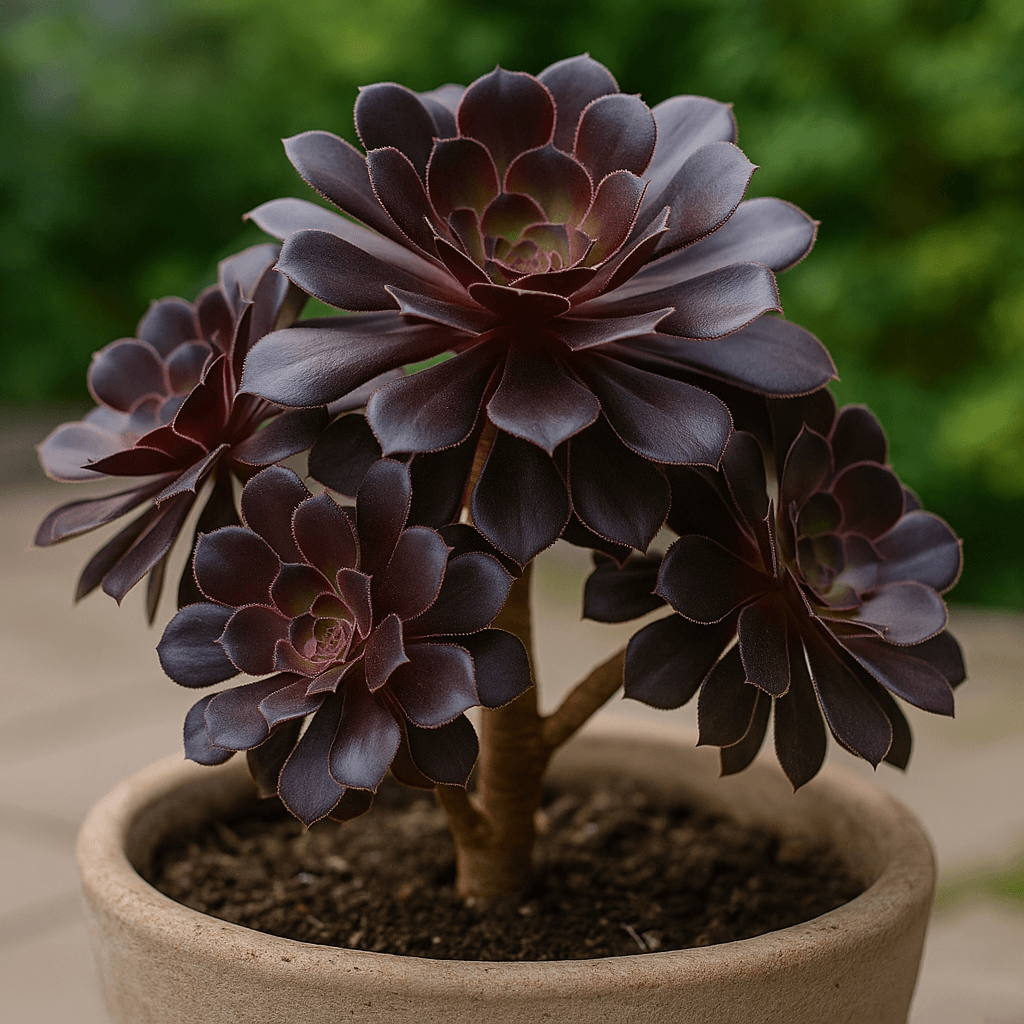 Détail des rosettes pourpres d’un aeonium dans son pot extérieur