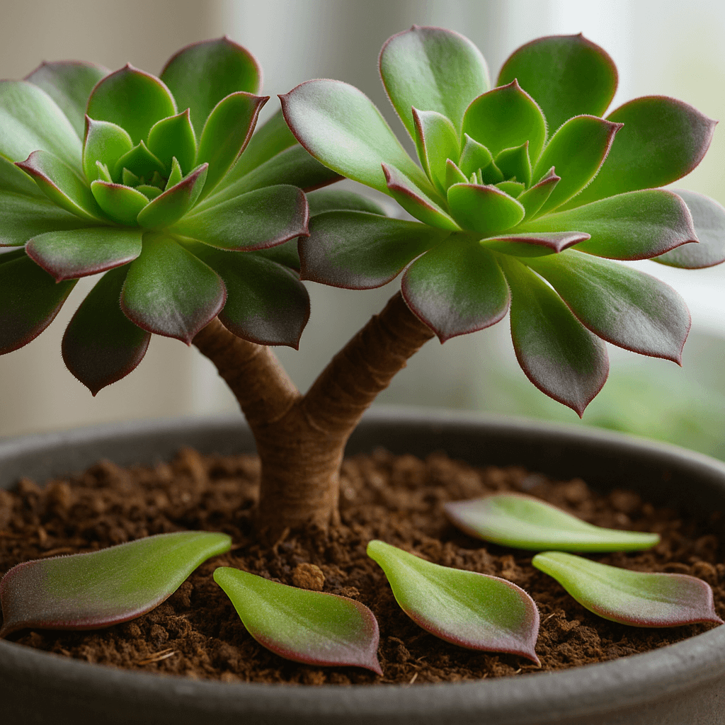 Détail des rosettes d’un aeonium et des feuilles tombées sur le substrat