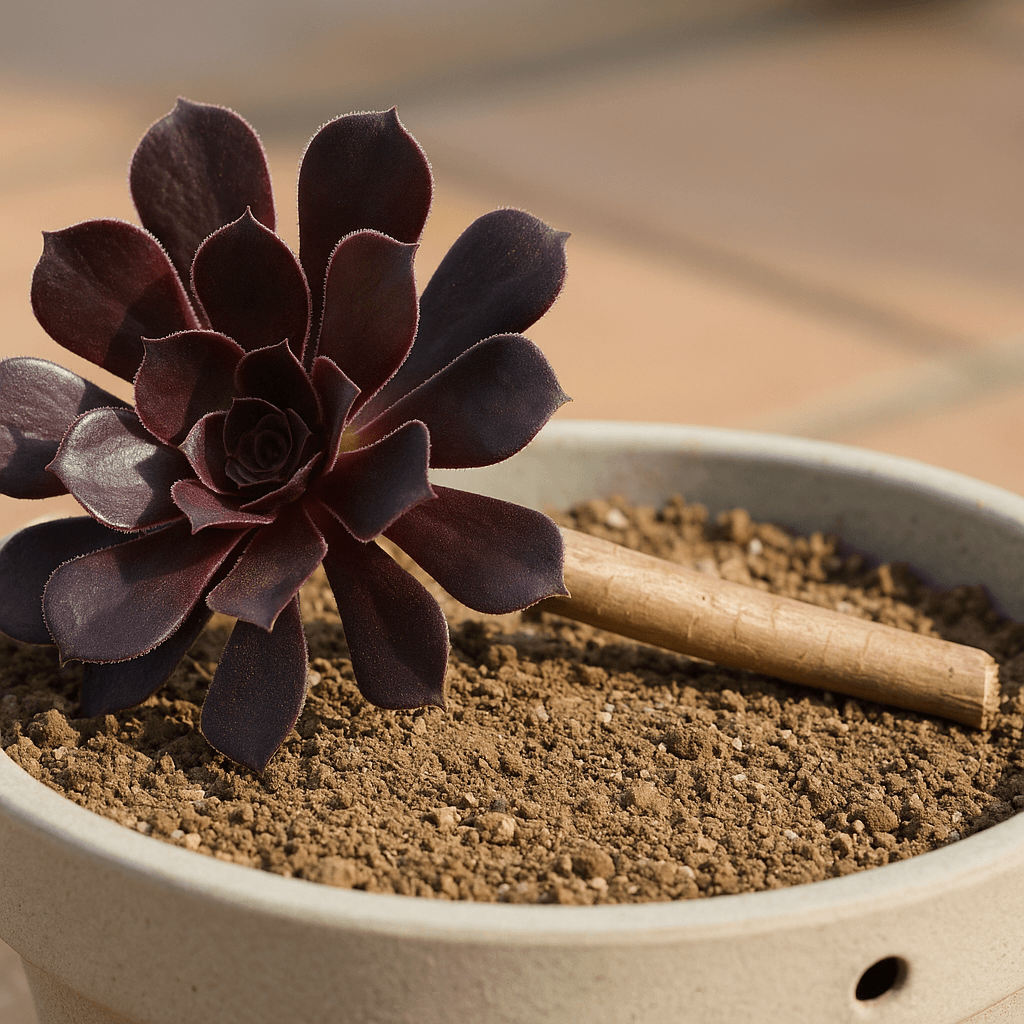 Bouture d’aeonium pourpre déposée sur un substrat sec dans un pot percé