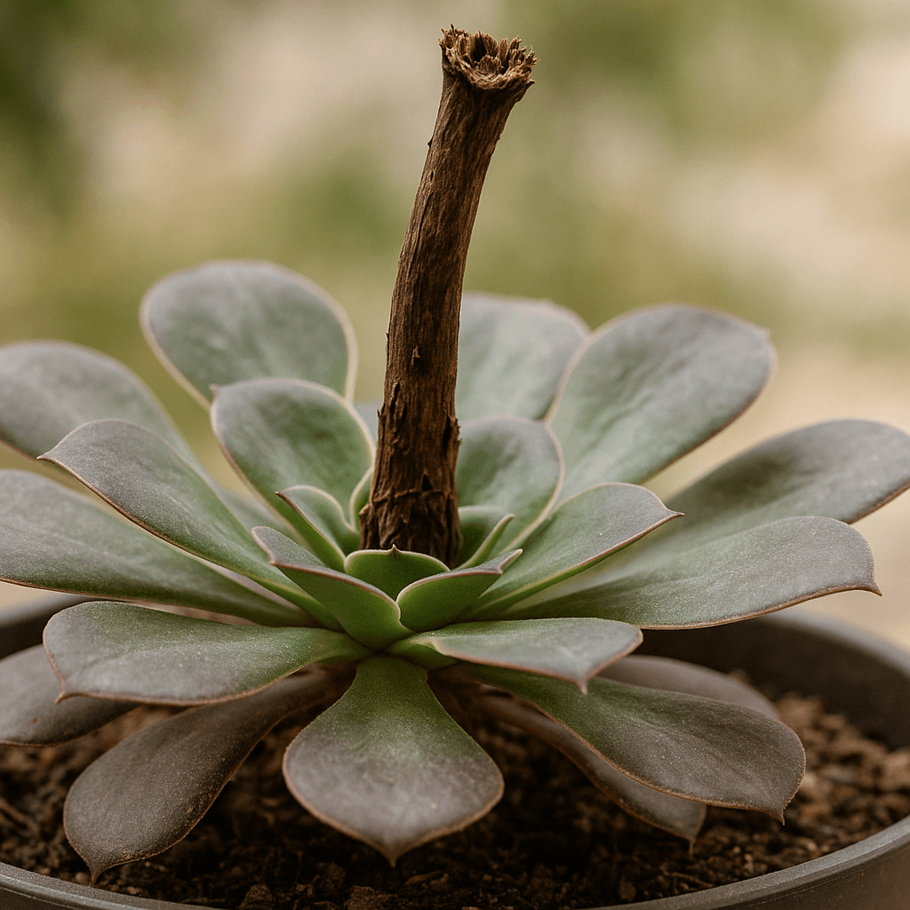 Détail d’une rosette d’aeonium sous une tige florale après floraison