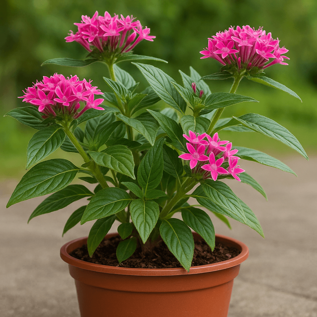 Détail des tiges, feuilles et fleurs d’un pentas cultivé en pot