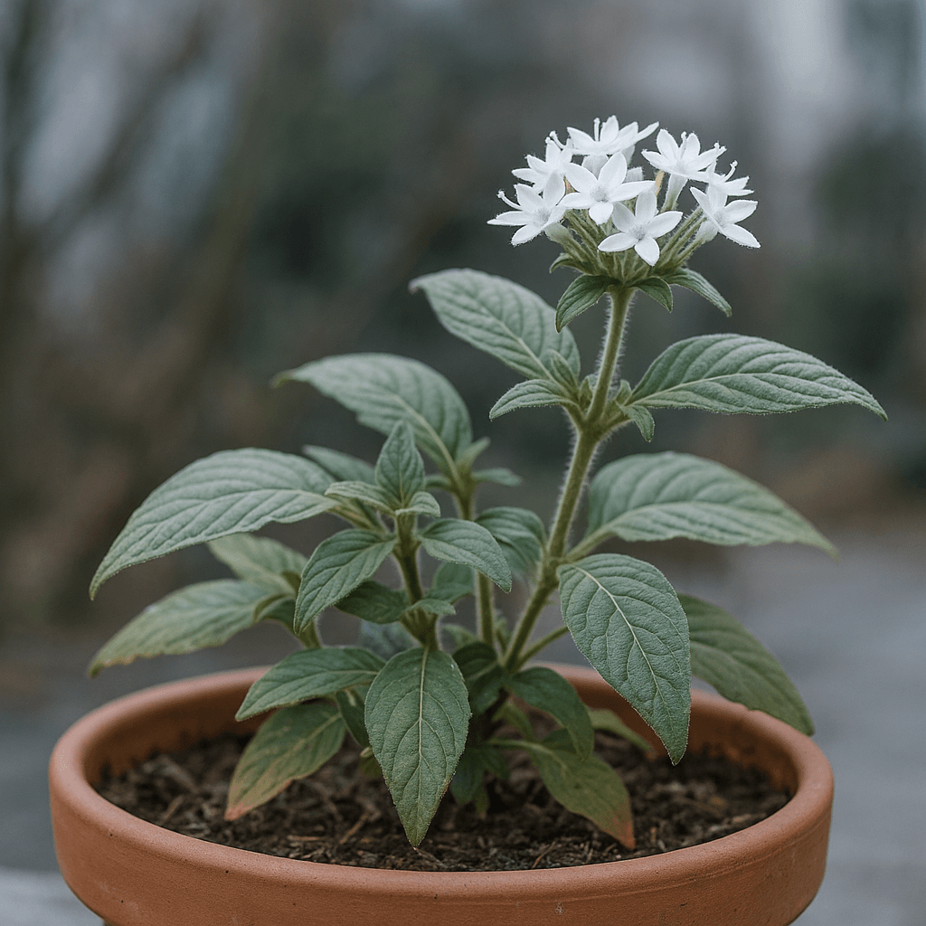 Feuillage et fleurs d’un pentas en pot sous une lumière hivernale