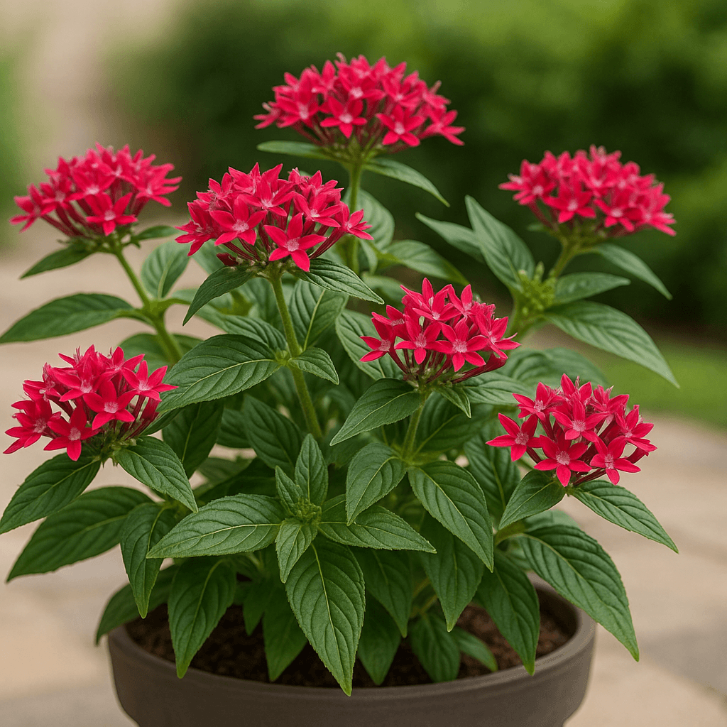 Détail des fleurs et du feuillage d’un pentas cultivé dehors