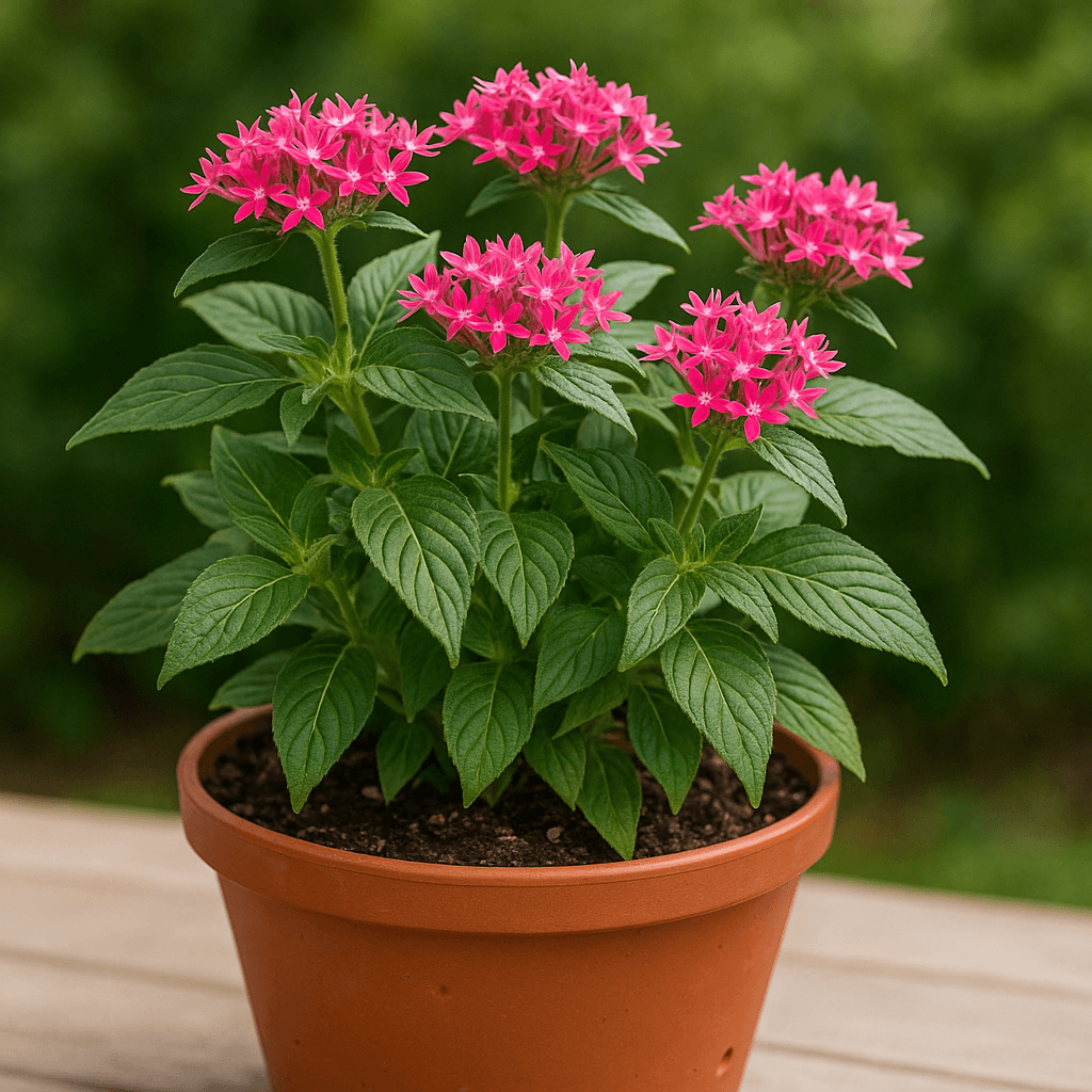 Feuillage et fleurs étoilées d’un pentas dans un pot avec substrat visible