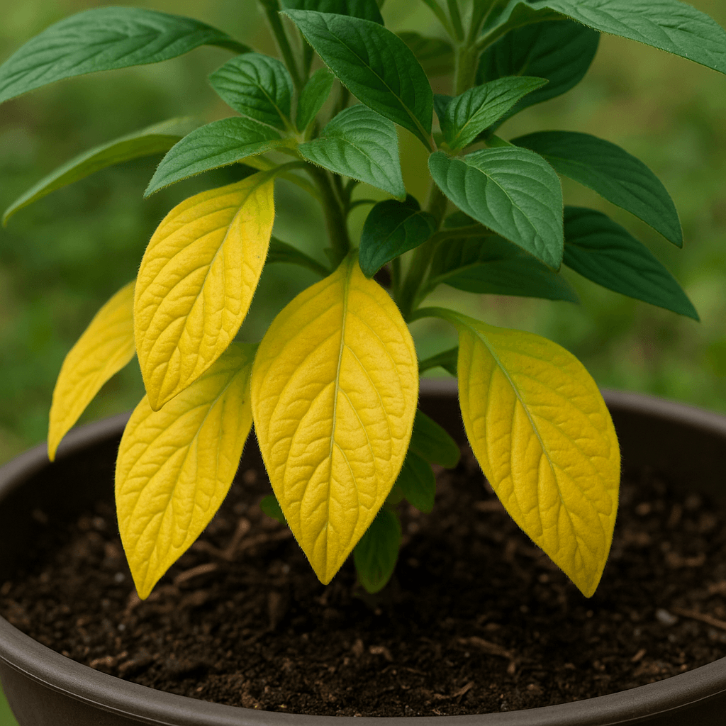 Détail de feuilles jaunes visibles sur un pentas cultivé en pot
