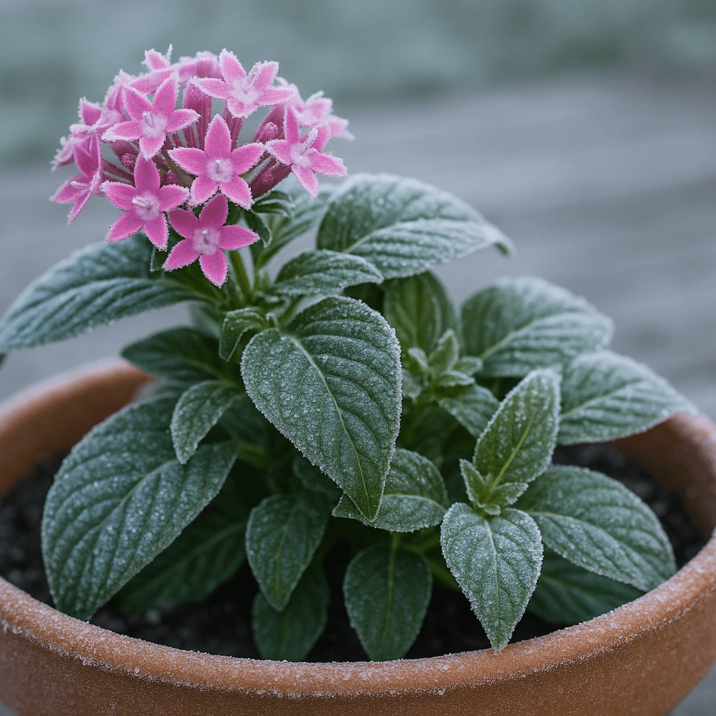 Feuillage et fleurs de pentas en pot exposés à une matinée légèrement gelée