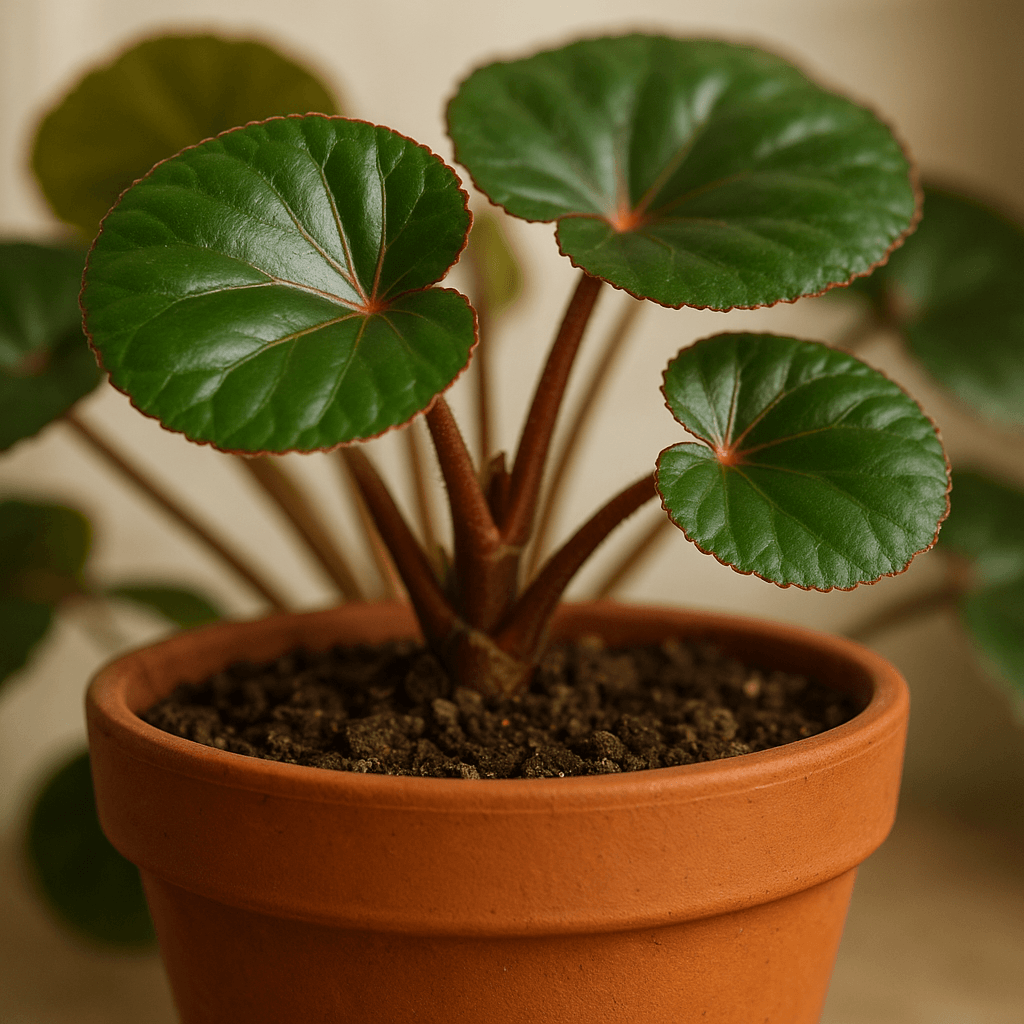 Feuillage de Begonia erythrophylla au-dessus d’un pot et de son substrat visible