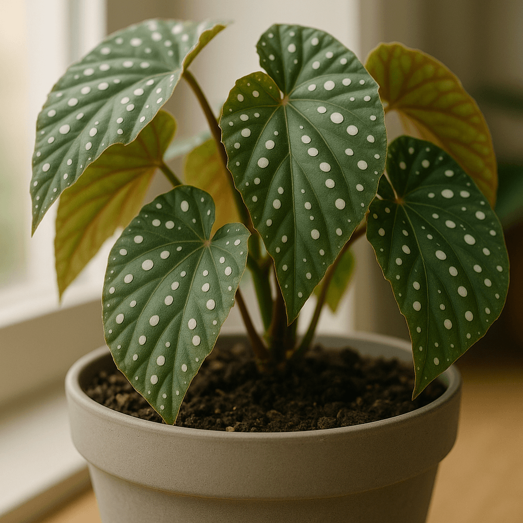 Feuillage et substrat d’un begonia nénuphar en pot installé près d’une fenêtre