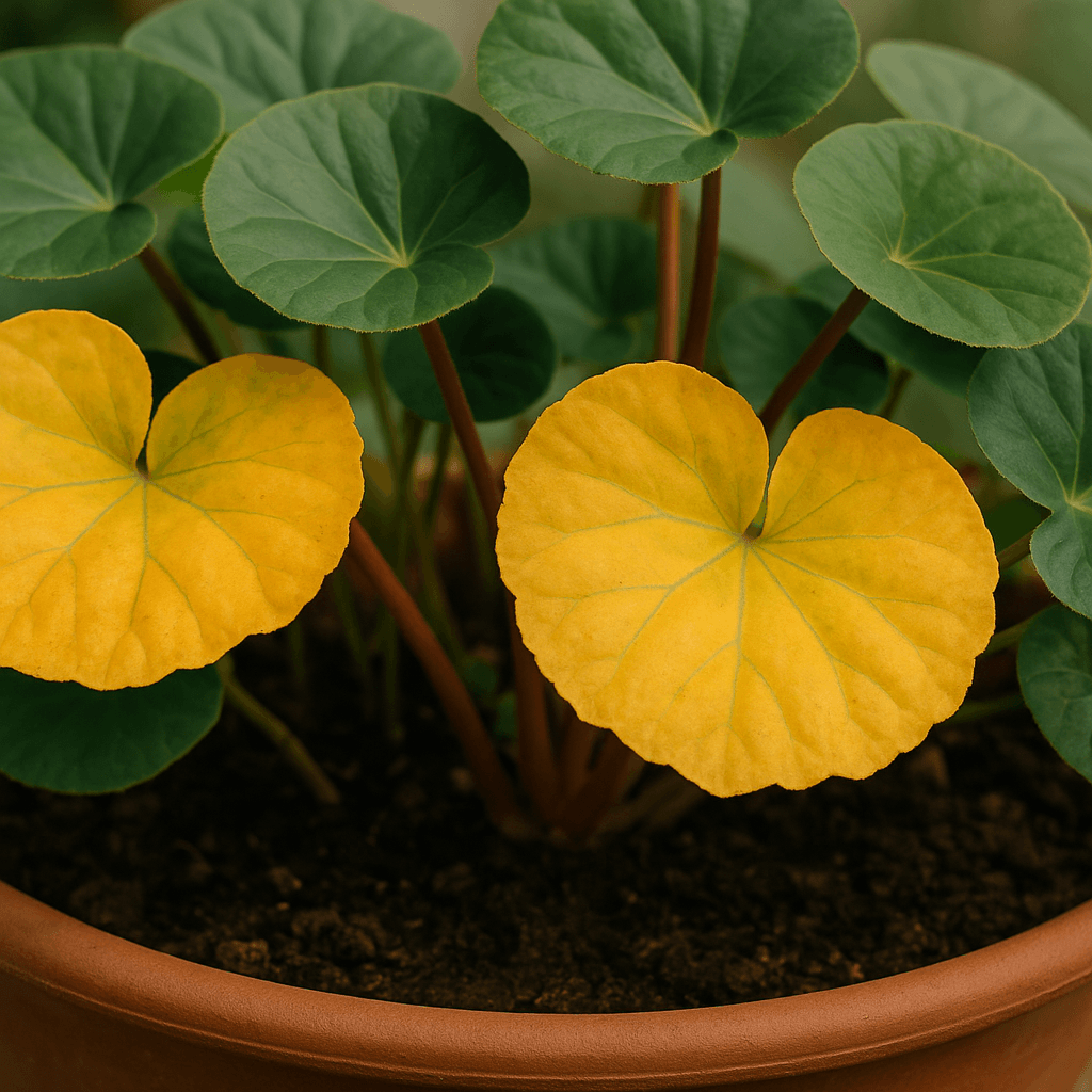 Détail des feuilles jaunes et des pétioles d’un begonia nénuphar en pot